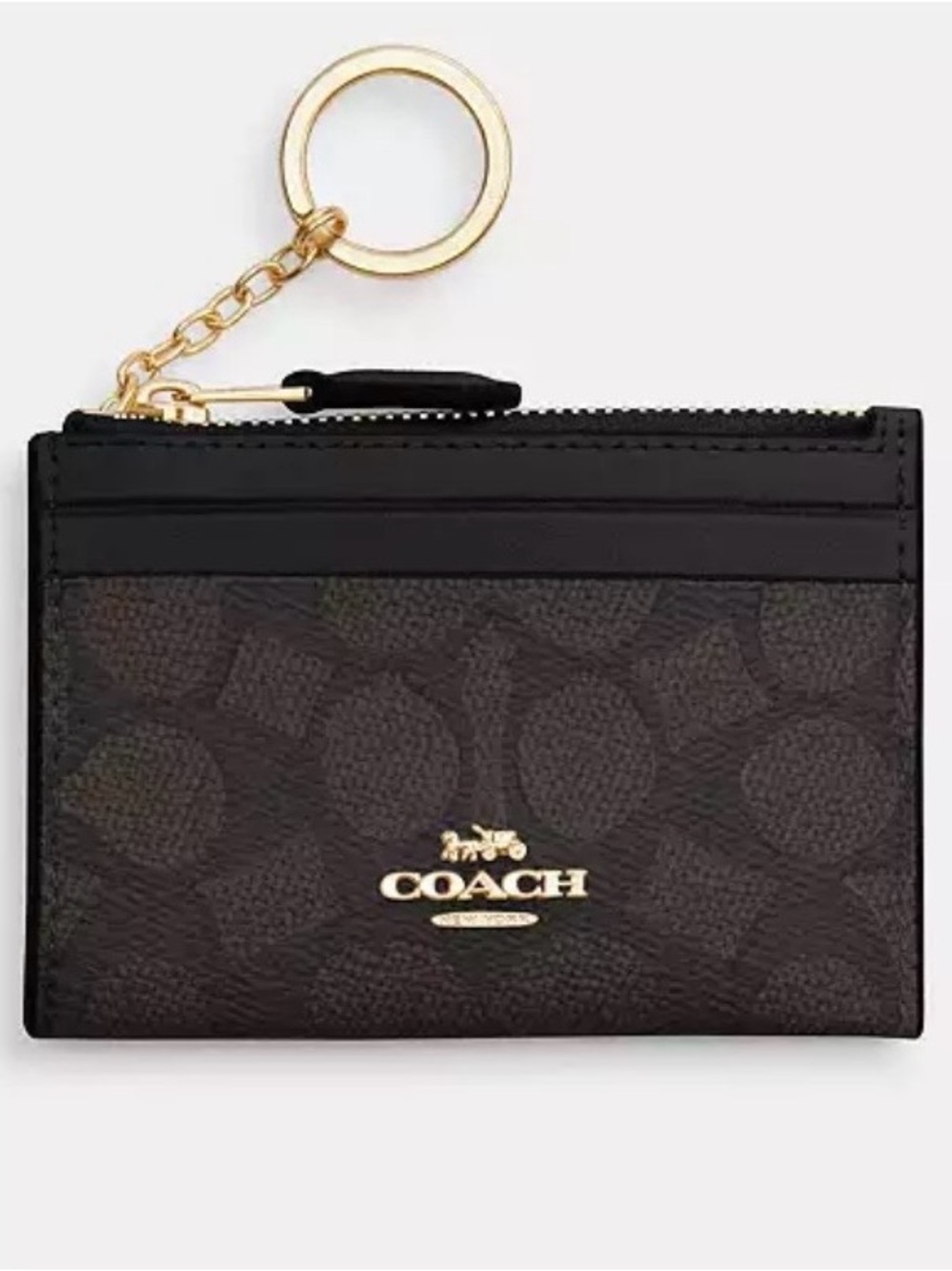 Coach Brown/Black Signature Card Holder with Gold Key Ring